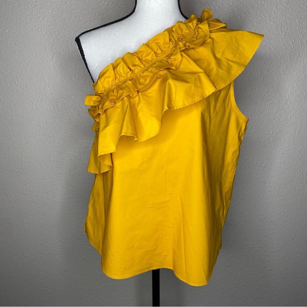 7 FOR ALL MANKIND Mustard Yellow One Shoulder Sleeveless Ruffle Top Sz Medium